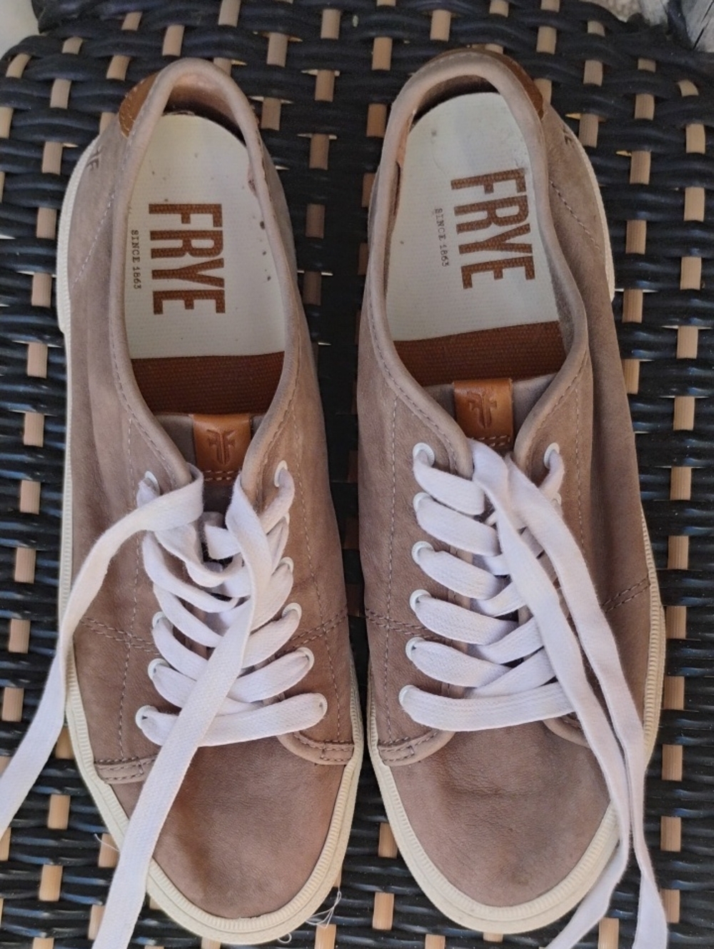 Frye Gia Lace-up Taupe Leather Nubuck Low-Top Sneakers with White Laces